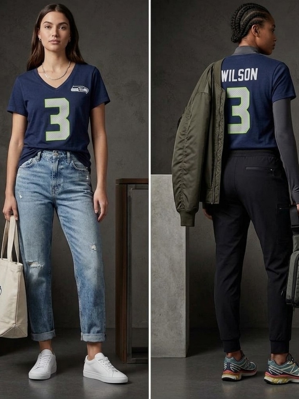NFL Women's Navy Seahawks #3 V-Neck Tee with Lime Graphic